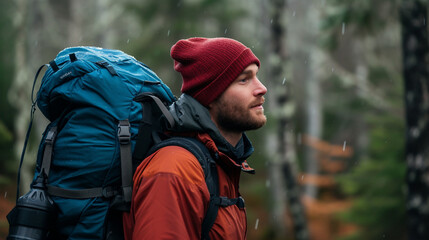 Fototapeta premium Active men walking or hiking outdoors, rainy day, AI generated