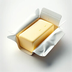Butter. An open packet of butter.