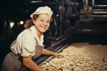 A woman from the 60s working in a factory. Old color film photo - 742661139