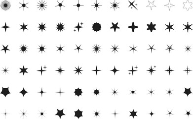 Minimalist silhouette stars icon set, twinkle shining star shape symbols, icons, elements. Modern geometric sparkle black silhouettes sign vector.