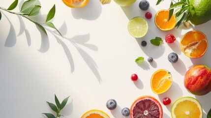 Top view of various fresh vegetables and fruits on white , Healthy eating background.