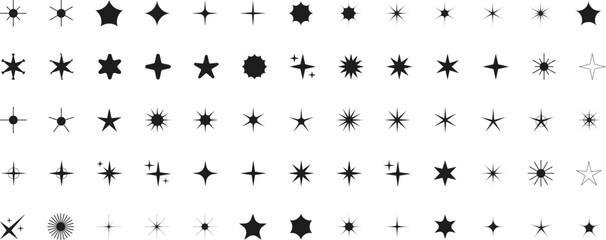 Minimalist silhouette stars icon set, twinkle shining star shape symbols, icons, elements. Modern geometric sparkle black silhouettes sign vector.