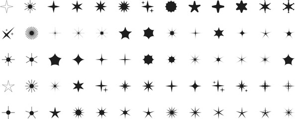 Fototapeta na wymiar Minimalist silhouette stars icon set, twinkle shining star shape symbols, icons, elements. Modern geometric sparkle black silhouettes sign vector.