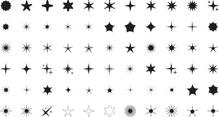 Minimalist silhouette stars icon set, twinkle shining star shape symbols, icons, elements. Modern geometric sparkle black silhouettes sign vector.