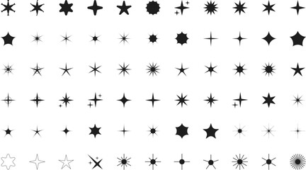 Minimalist silhouette stars icon set, twinkle shining star shape symbols, icons, elements. Modern geometric sparkle black silhouettes sign vector.