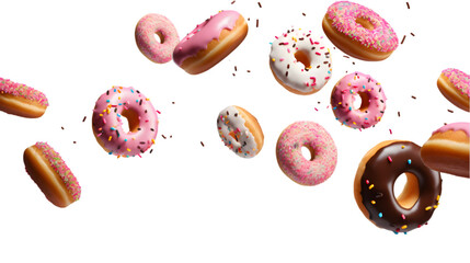 Decorated donuts falling down isolated on white or transparent background