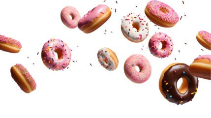 Decorated donuts falling down isolated on white or transparent background