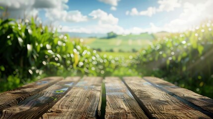  Sweet corn field and wooden table  - obrazy, fototapety, plakaty