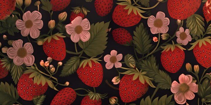 Summer seamless pattern and card design with wild strawberries and flowers, seasonal strawberry wallpaper, cute design for fabric, interior decor 4K Video