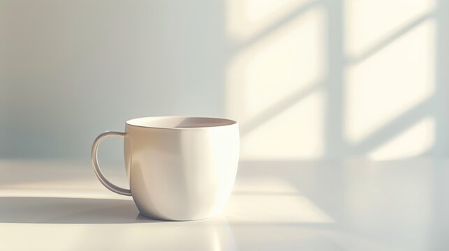 White cup and the background of the white wall, morning light and shadow
