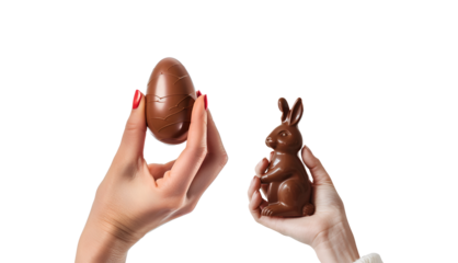 Cluster of Woman’s Hand Embracing Chocolate Easter Egg and Chocolate Easter Bunny for a Merry Easter, Isolated on Transparent Background, PNG