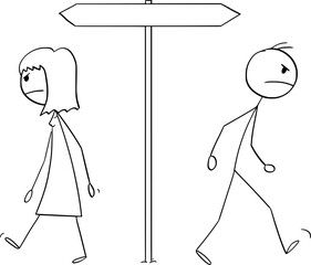 Man and Woman Walking Together and Divorce, Vector Cartoon Stick Figure Illustration - 742662315