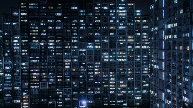 Aerial View of Residential Building, Windows Twinkling at Night _ Beijing, China