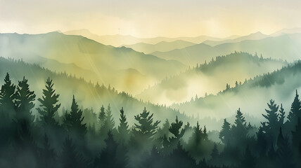 A watercolor depiction of a foggy forest at dusk, with green pines shrouded in mist.