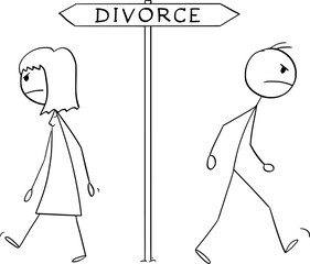 Man and Woman Walking Together and Divorce, Vector Cartoon Stick Figure Illustration