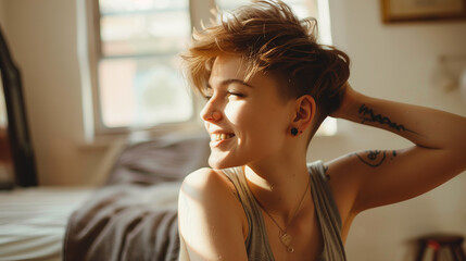 Smiling queer woman sitting, touching hair, tattoo visible, sunlit room. - obrazy, fototapety, plakaty