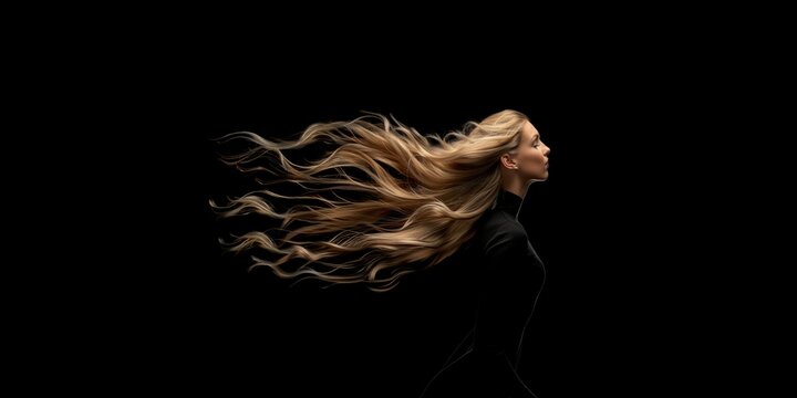 Blonde Woman With Flowing Hair, Captivating Image For Beauty Advertising On Black