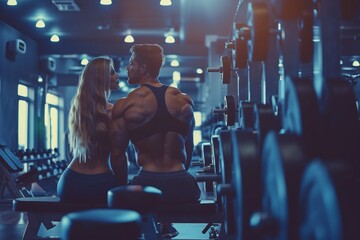 Fit Couple Weightlifting Together In Modern Gym, Focusing On Muscle Building - obrazy, fototapety, plakaty