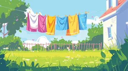 Photo sur Plexiglas Vert-citron Drying laundry in back yard illustration vector