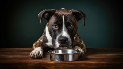 hungry dog with empty bowl