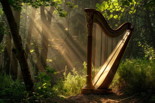 Sunlit Woodland Scene: Irish Harp Amidst Nature's Magic