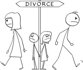 Husband and Wife in Divorce, Children Watching Their Separation, Vector Cartoon Stick Figure Illustration - 742663974