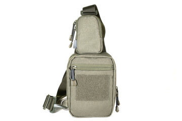 Backpack bag gear protective color khaki, tactical sports equipment isolated on white background
