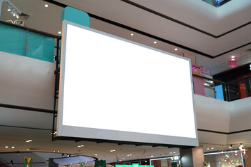 Overhead View of Extra Large Blank LED Screen Hanging on Balcony in Shopping Mall Atrium