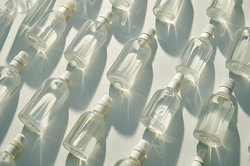 Transparent skincare bottles arranged against a clean white background, embodying purity and the promise of radiant skin. - obrazy, fototapety, plakaty