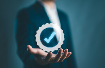 Hand shows the sign of the top service Quality assurance, Guarantee, Standards, ISO certification...