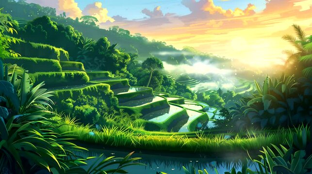 A serene Balinese rice terrace aglow in the golden light of dawn. Fantasy landscape anime or cartoon style, seamless looping 4k time-lapse virtual video animation background