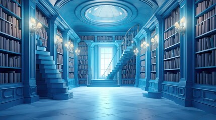 shelves blue library - obrazy, fototapety, plakaty