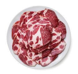 Obraz premium Cold cuts laid out in a plate on a white background. Top view.