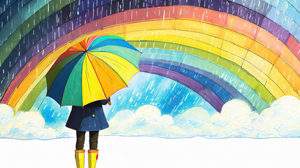 雨上がりの虹と女の子のイラスト