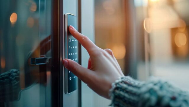Close-up of woman's fingers entering a password on smart touch digital door keypad on the front door lock.