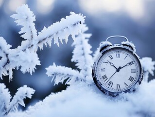 Un reloj marcando la hora en la nieve, cambio de hora, invierno, - obrazy, fototapety, plakaty