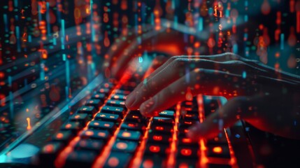 A person typing on a backlit keyboard with digital binary code overlay, representing cybersecurity and data encryption.