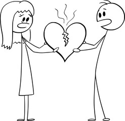 Man and Woman Holding Cracking Heart, Vector Cartoon Stick Figure Illustration - 742665753