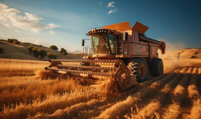 harvesting machines in operation in a wheat field  - obrazy, fototapety, plakaty