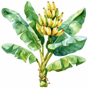 watercolor painting of banana tree, detailed, white background . ai generated