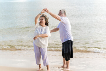 Happy asian senior retired couple, relax smiling elder man and woman enjoying with retired vacation at sea beach outdoor. Health care, Family outdoor lifestyle - 742667327