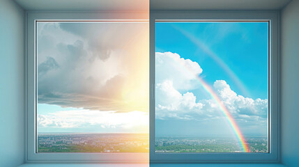 comparison collage, window with rainy weather, drops, second half with sunny with rainbow, sky with clouds