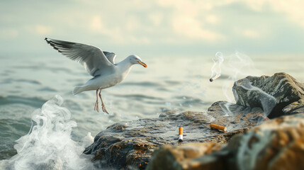 seabird martin on the seashore on a rock, stones, a cigarette butt is lying nearby, smoking, pollution, tragedy