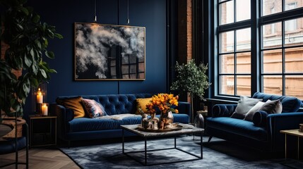 furniture navy blue home decor - obrazy, fototapety, plakaty