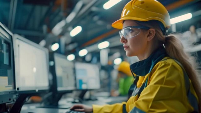 A Modern factory. Industry 4.0. The project engineer talks to a female worker controlling a production line in a factory. It uses a computer with an AI display, an assembly process 