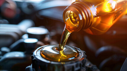 Pouring changing car engine oil.