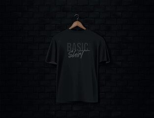 Men's black short sleeve t-shirt mockup in black wall surface with dark bricks. Front view. Vector template.