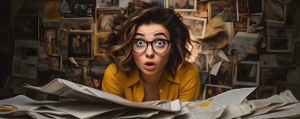 Young woman reacts in disbelief while reading sensational tabloid newspaper headlines. Concept Tabloid Newspaper Headlines, Shocked Expression, Young Woman, Disbelief, Sensational News - obrazy, fototapety, plakaty