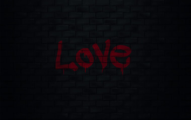 Black wall surface with love graffitti in dark bricks. Romantic lover text in wall texture in abstract pattern background.