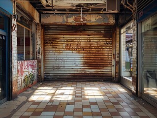 An abandoned roll shutter gate in the quiet corridors of a once-busy department store symbolizes...